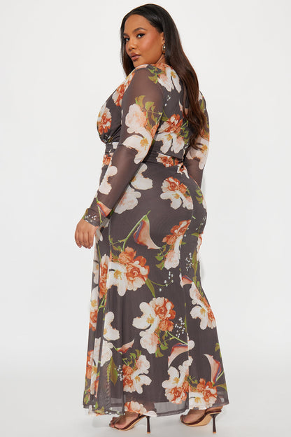 Bare Kiss Floral Mesh Maxi Dress - Dark Brown
