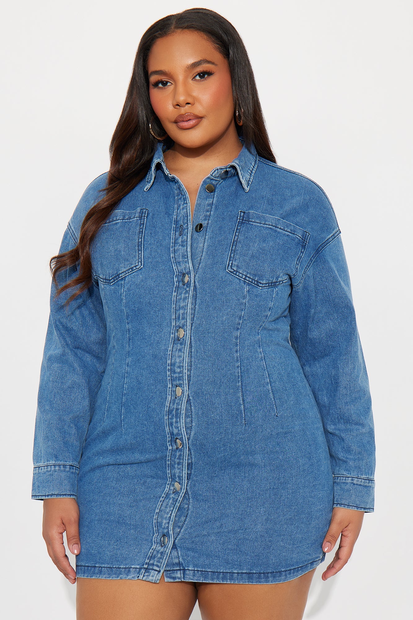 Burning Blue Long Sleeve Denim Mini Dress - Denim