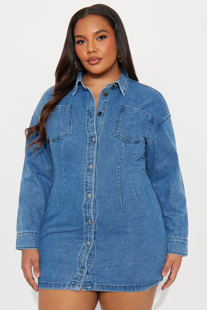 Burning Blue Long Sleeve Denim Mini Dress - Denim