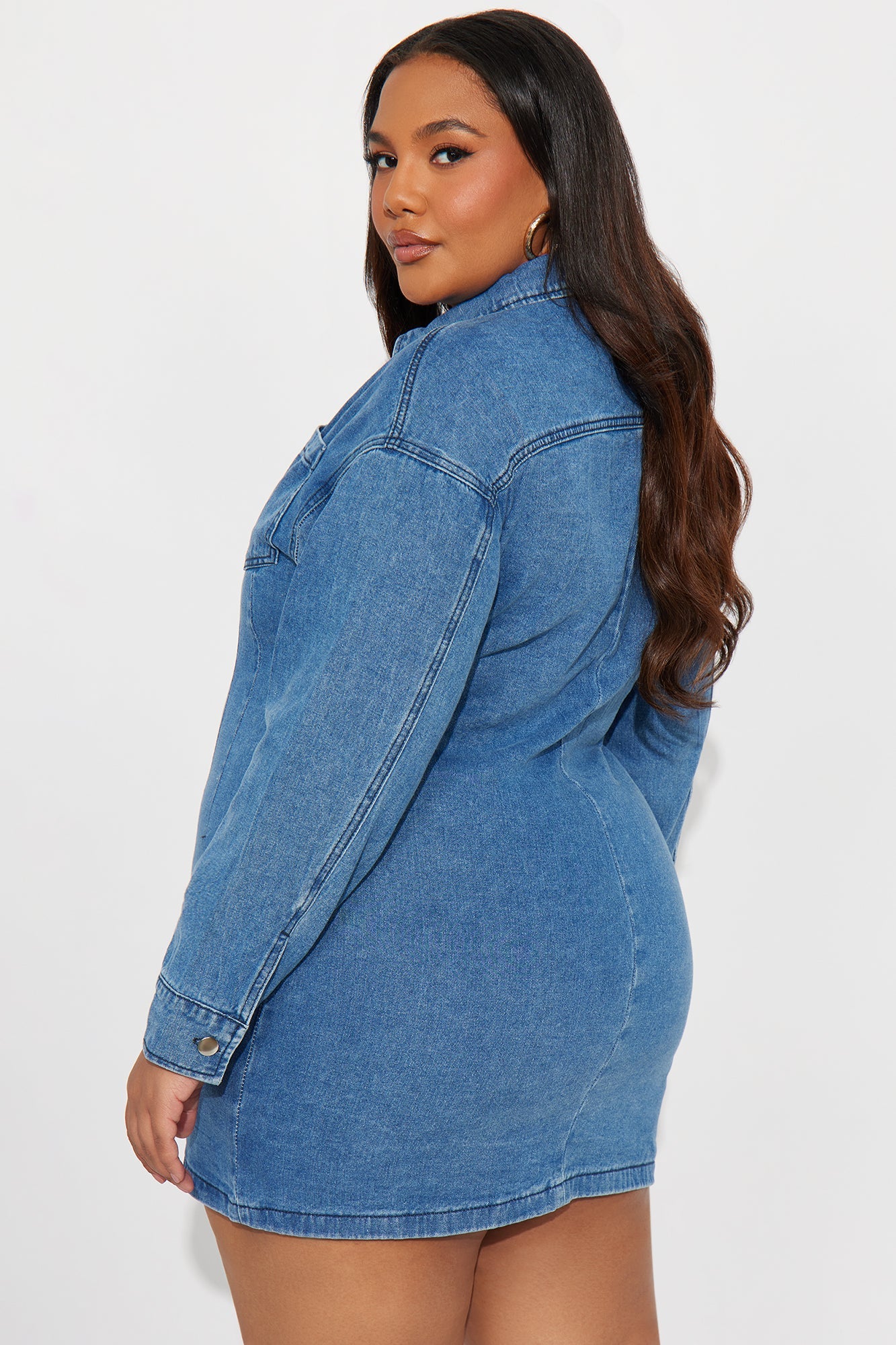 Burning Blue Long Sleeve Denim Mini Dress - Denim