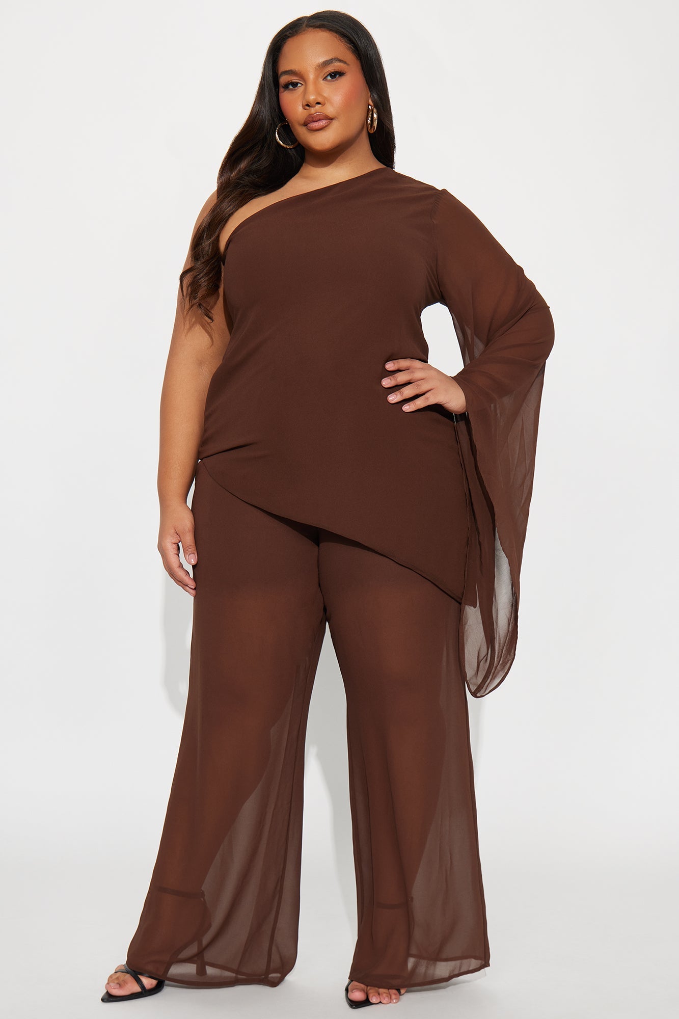No Hard Feelings One Shoulder Chiffon Pant Set - Brown