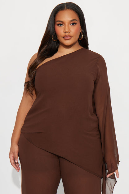 No Hard Feelings One Shoulder Chiffon Pant Set - Brown