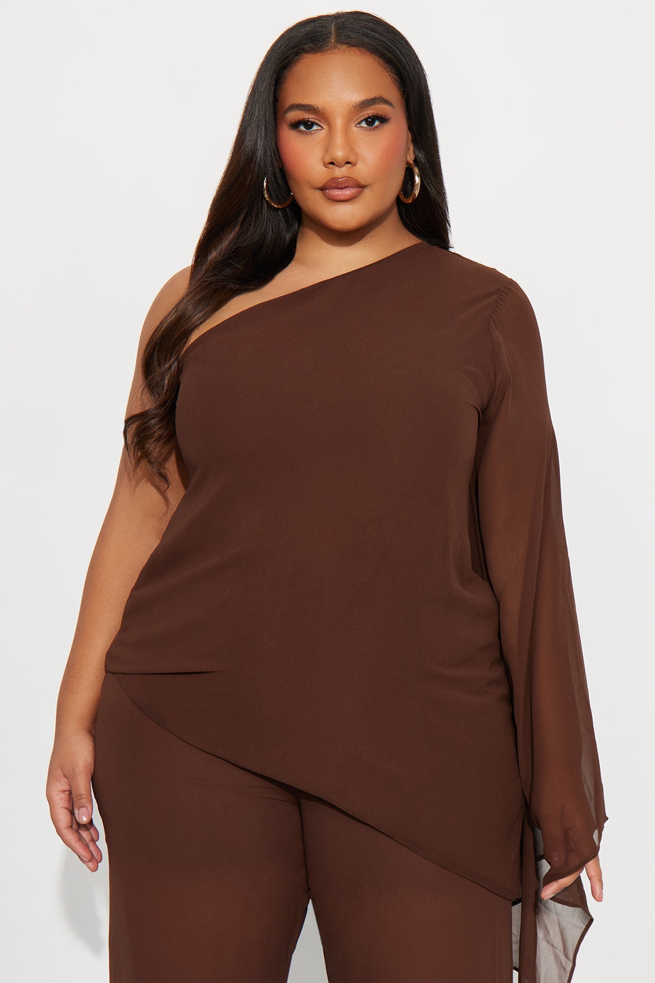 No Hard Feelings One Shoulder Chiffon Pant Set - Brown