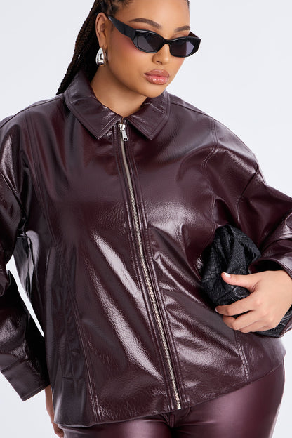 Quinn Faux Leather Oversized Trucker Jacket - Burgundy