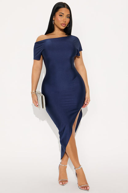 Serene Escape Stretch Shine Midi Dress - Navy