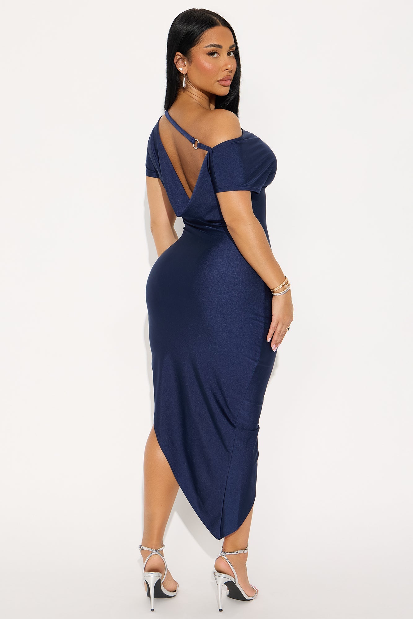 Serene Escape Stretch Shine Midi Dress - Navy