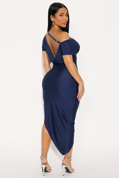 Serene Escape Stretch Shine Midi Dress - Navy
