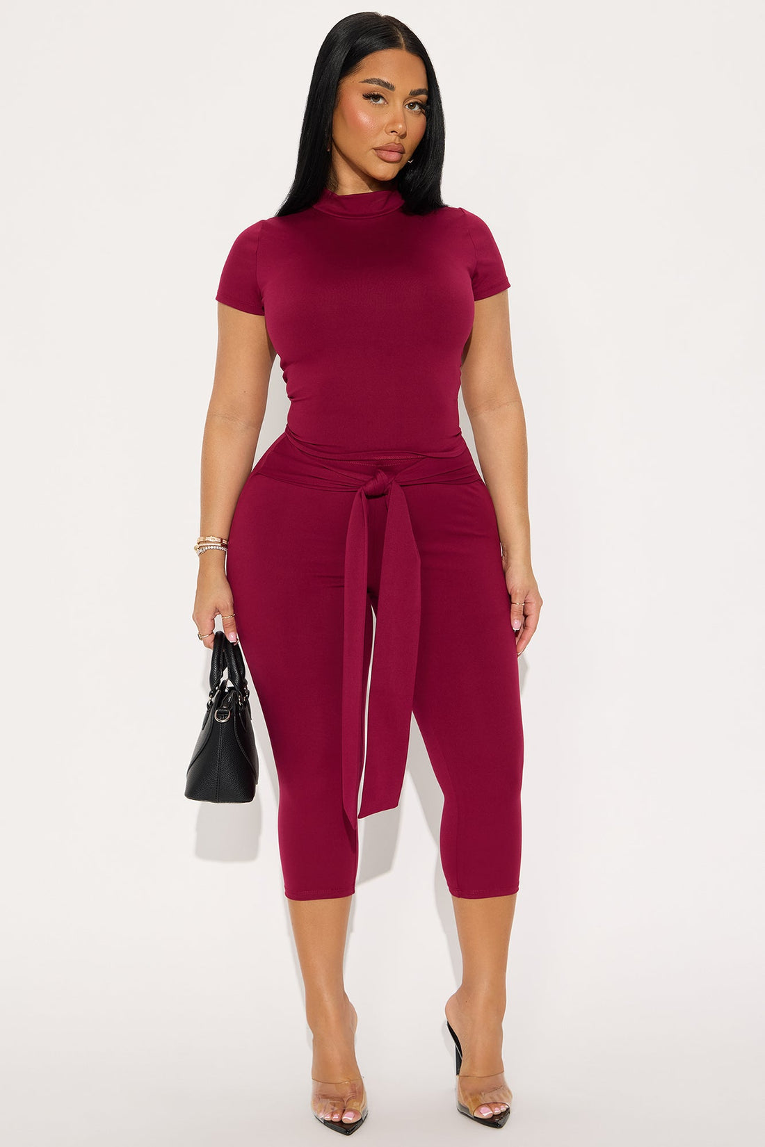 Knot Your Babe Short Sleeve Capri Set - Wine