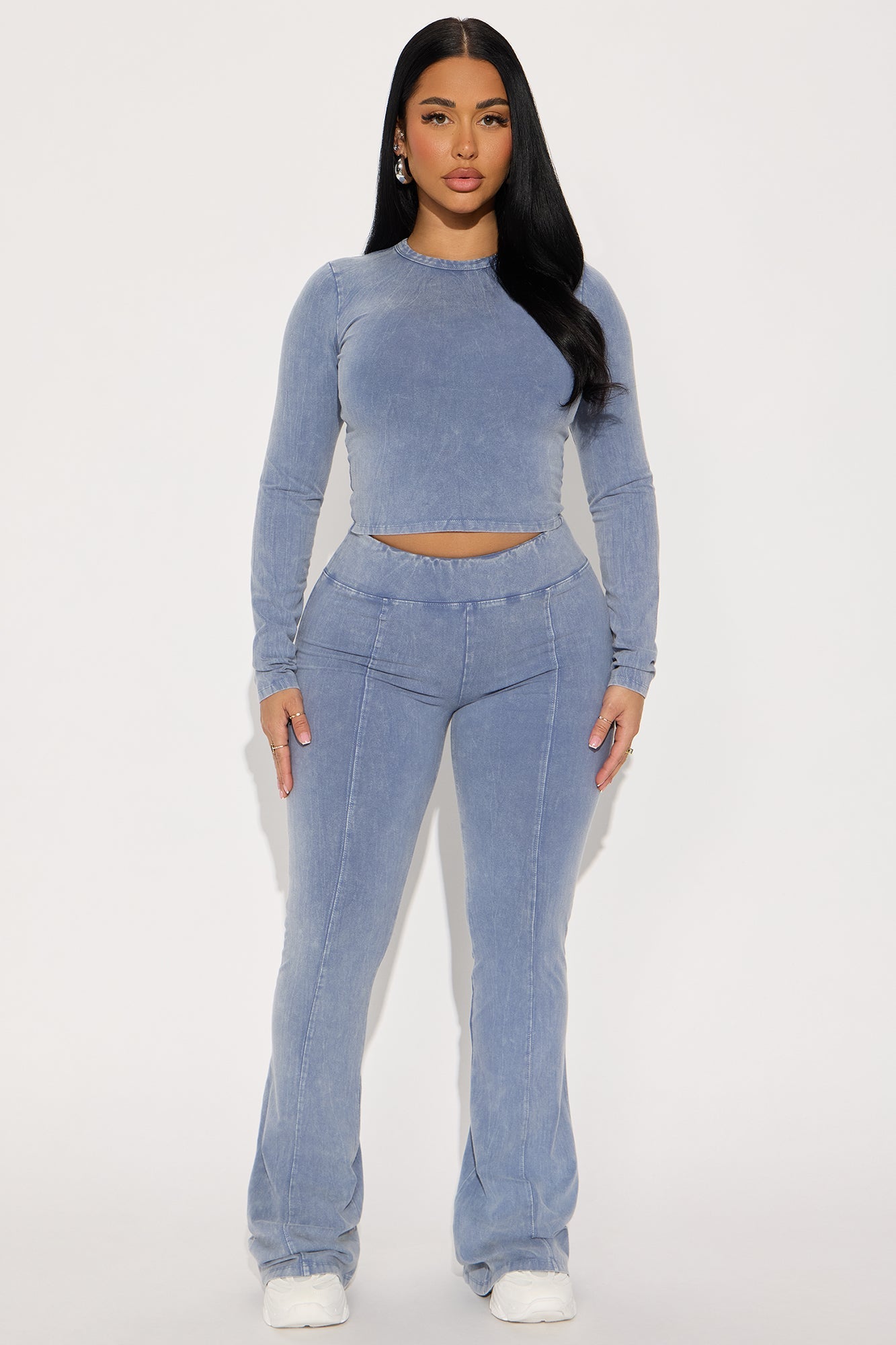 Hear Me Out Long Sleeve Mineral Wash Pant Set - Blue