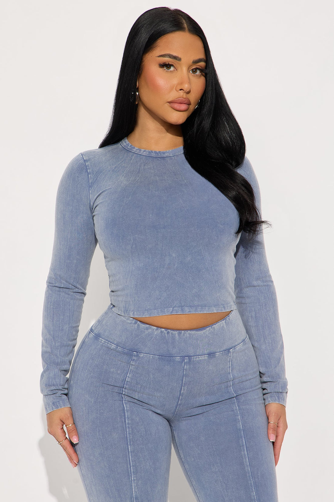 Hear Me Out Long Sleeve Mineral Wash Pant Set - Blue