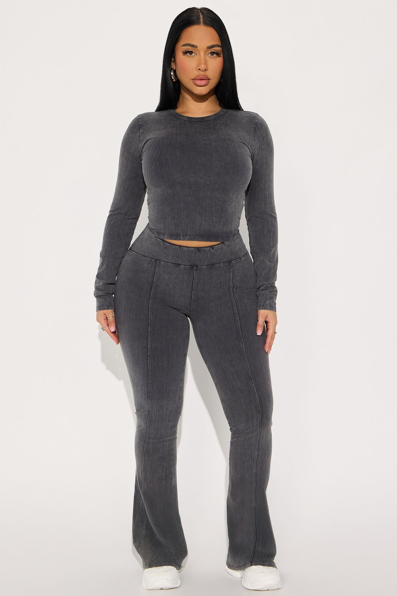 Hear Me Out Long Sleeve Mineral Wash Pant Set - Charcoal