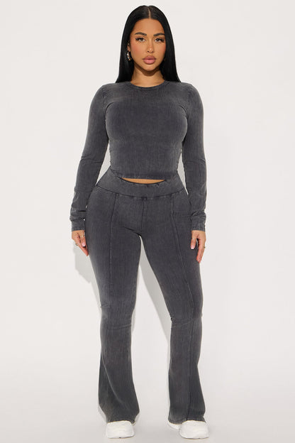 Hear Me Out Long Sleeve Mineral Wash Pant Set - Charcoal