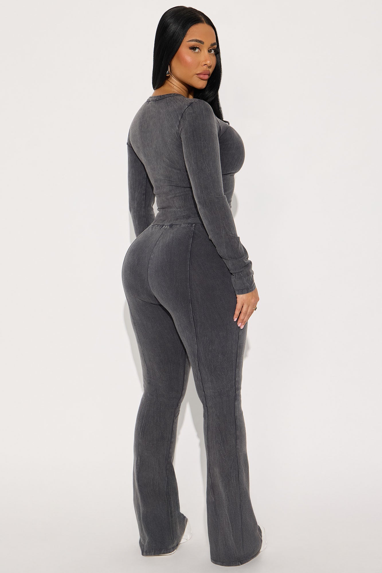 Hear Me Out Long Sleeve Mineral Wash Pant Set - Charcoal