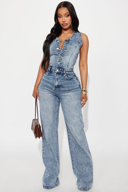 Zenaida Denim Wide Leg Jumpsuit - Medium Wash