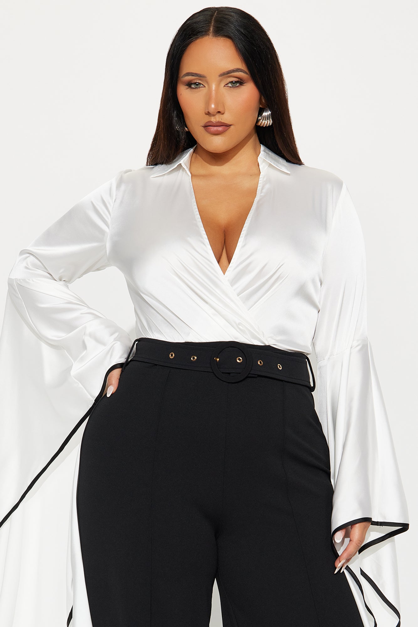High Value Long Sleeve Wide Leg Jumpsuit - White/Black