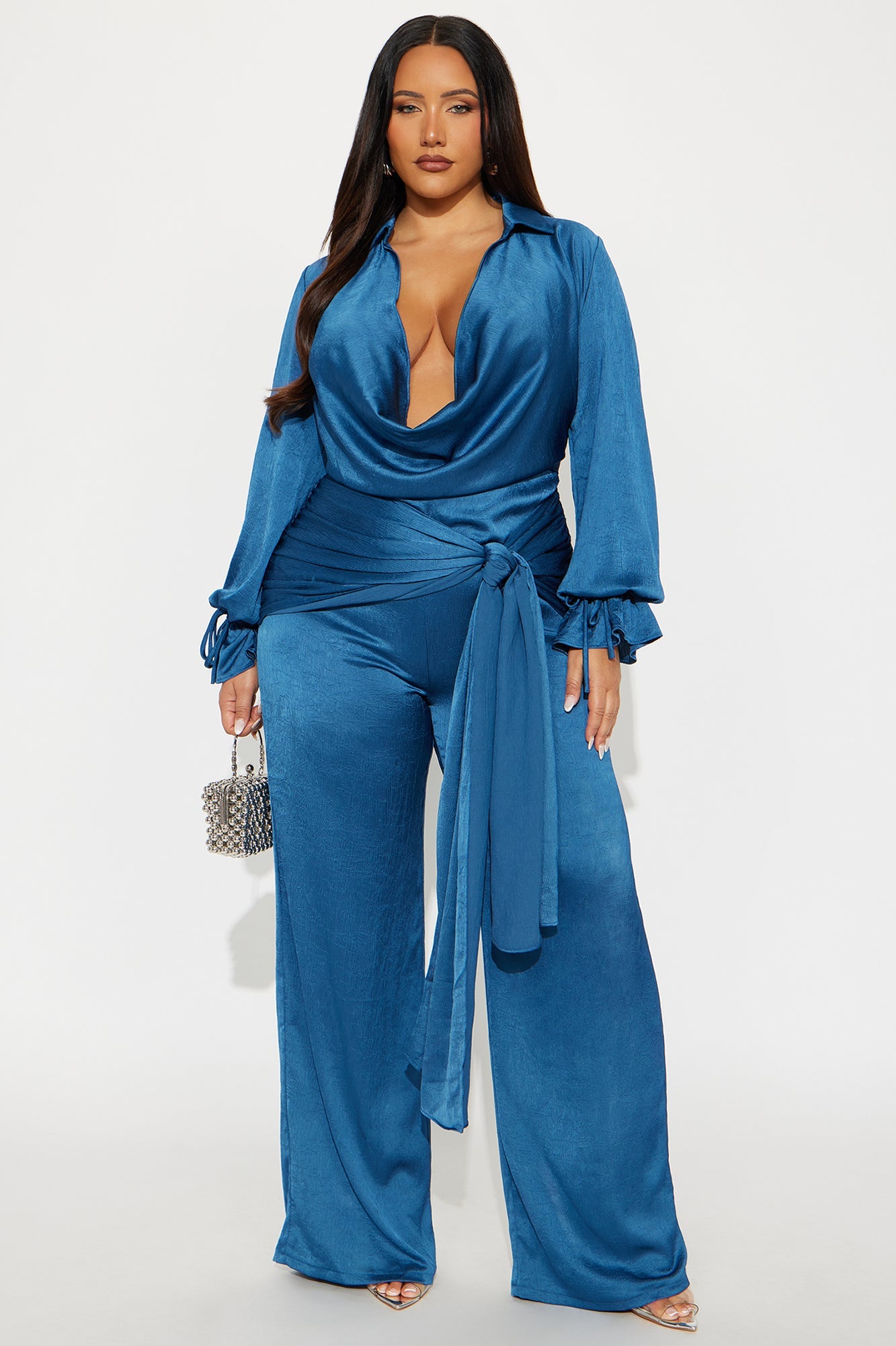 Sleek Satin Wide Leg Jumpsuit - Blue