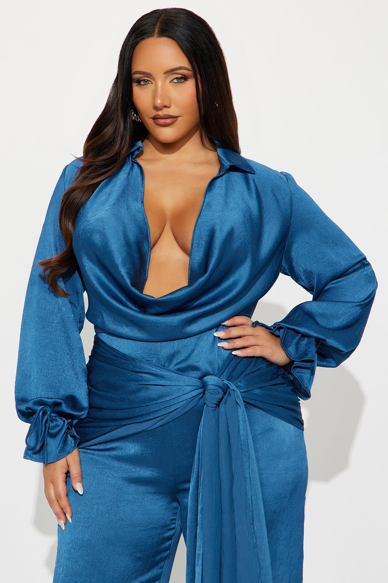 Sleek Satin Wide Leg Jumpsuit - Blue