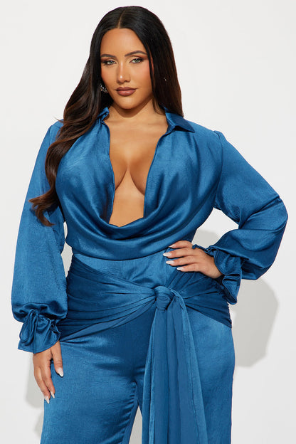 Sleek Satin Wide Leg Jumpsuit - Blue
