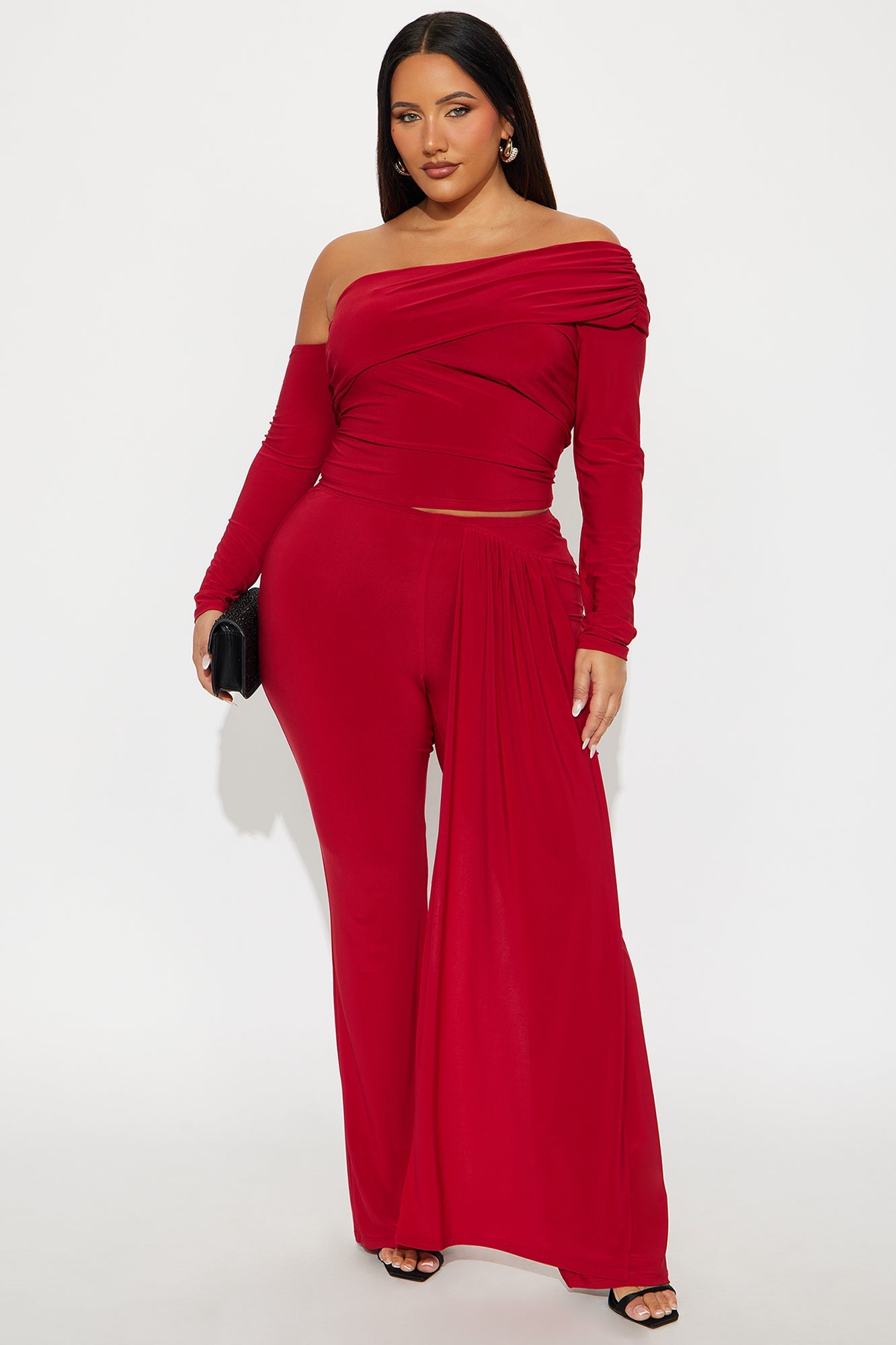 Set To Stun One Shoulder Draped Pant Set - Red