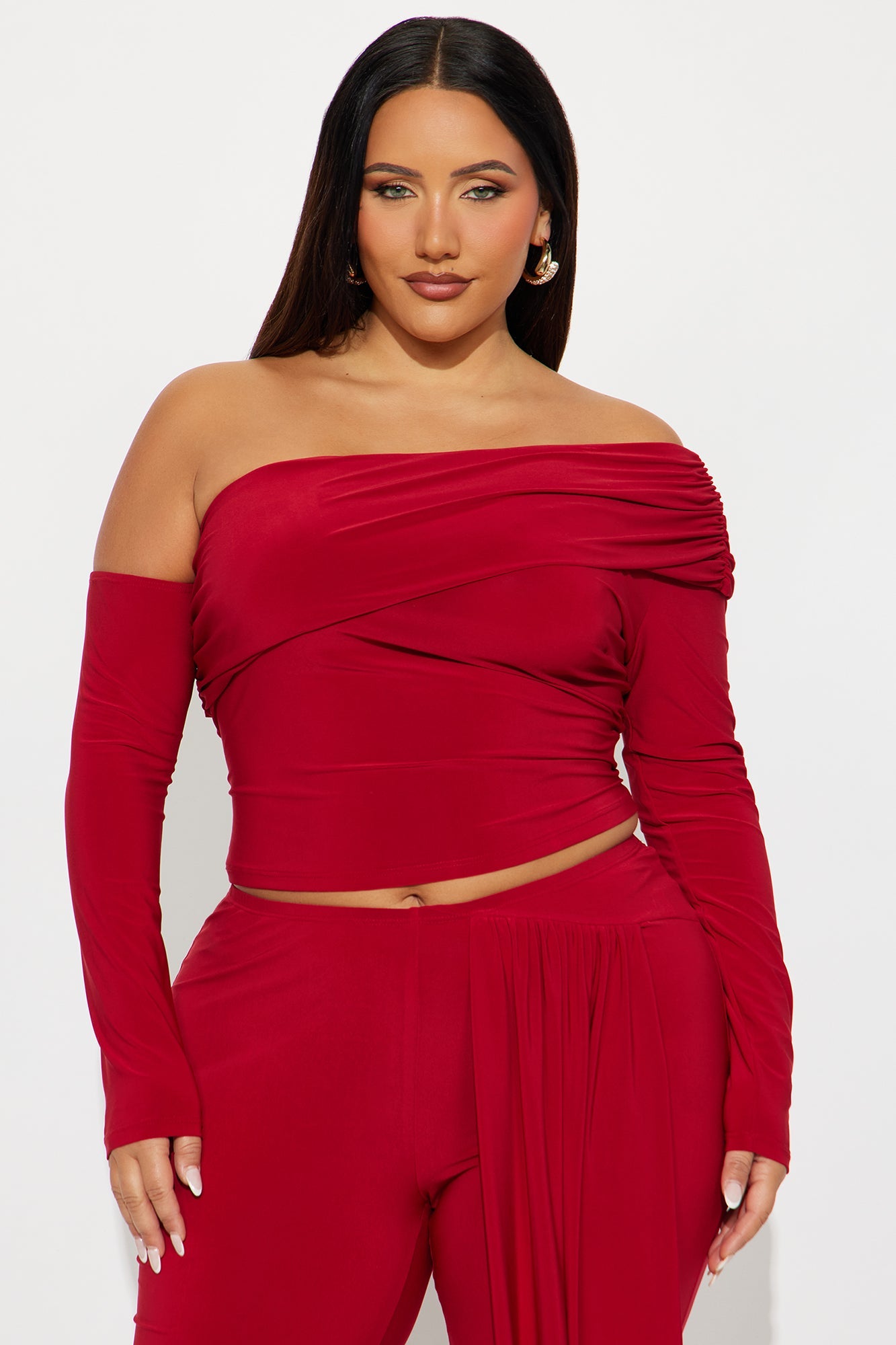 Set To Stun One Shoulder Draped Pant Set - Red