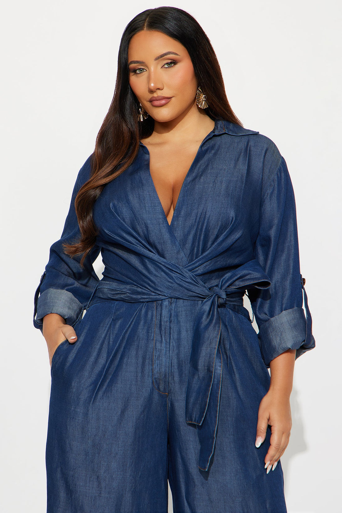 Ophelia Waist Tie Wide Leg Jumpsuit - Dark Wash