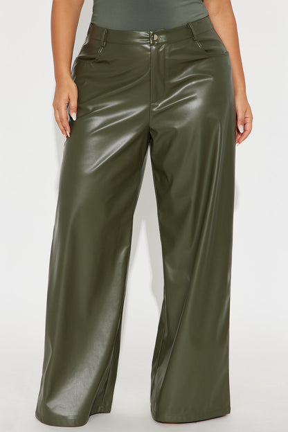 Just For Now Faux Leather Wide Leg Pant 33 - Olive
