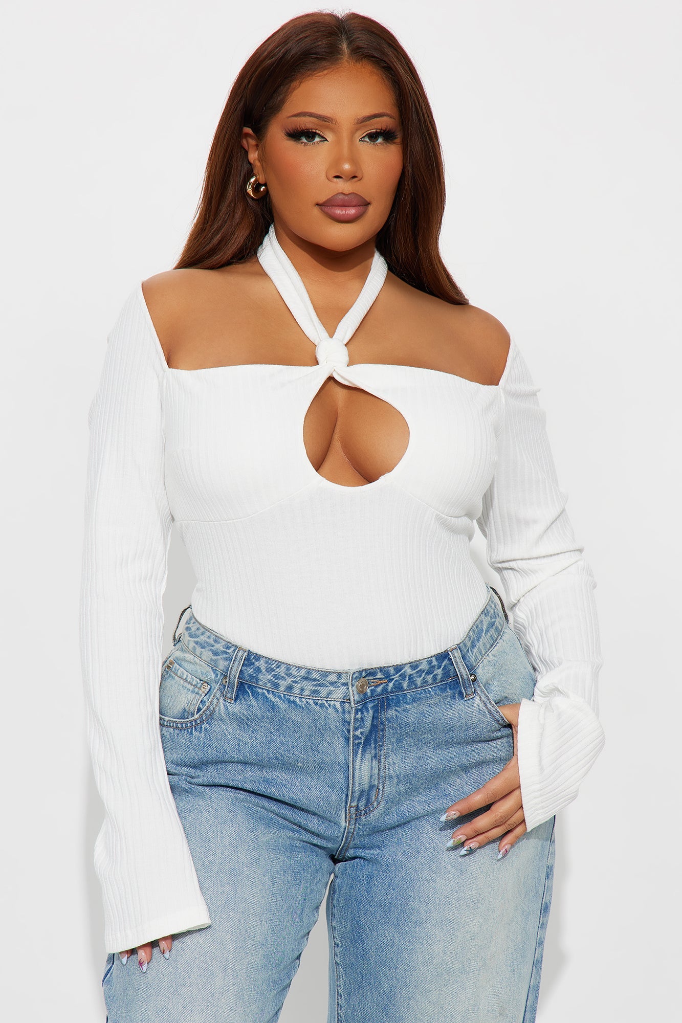 Safina Long Sleeve Ribbed Top - White