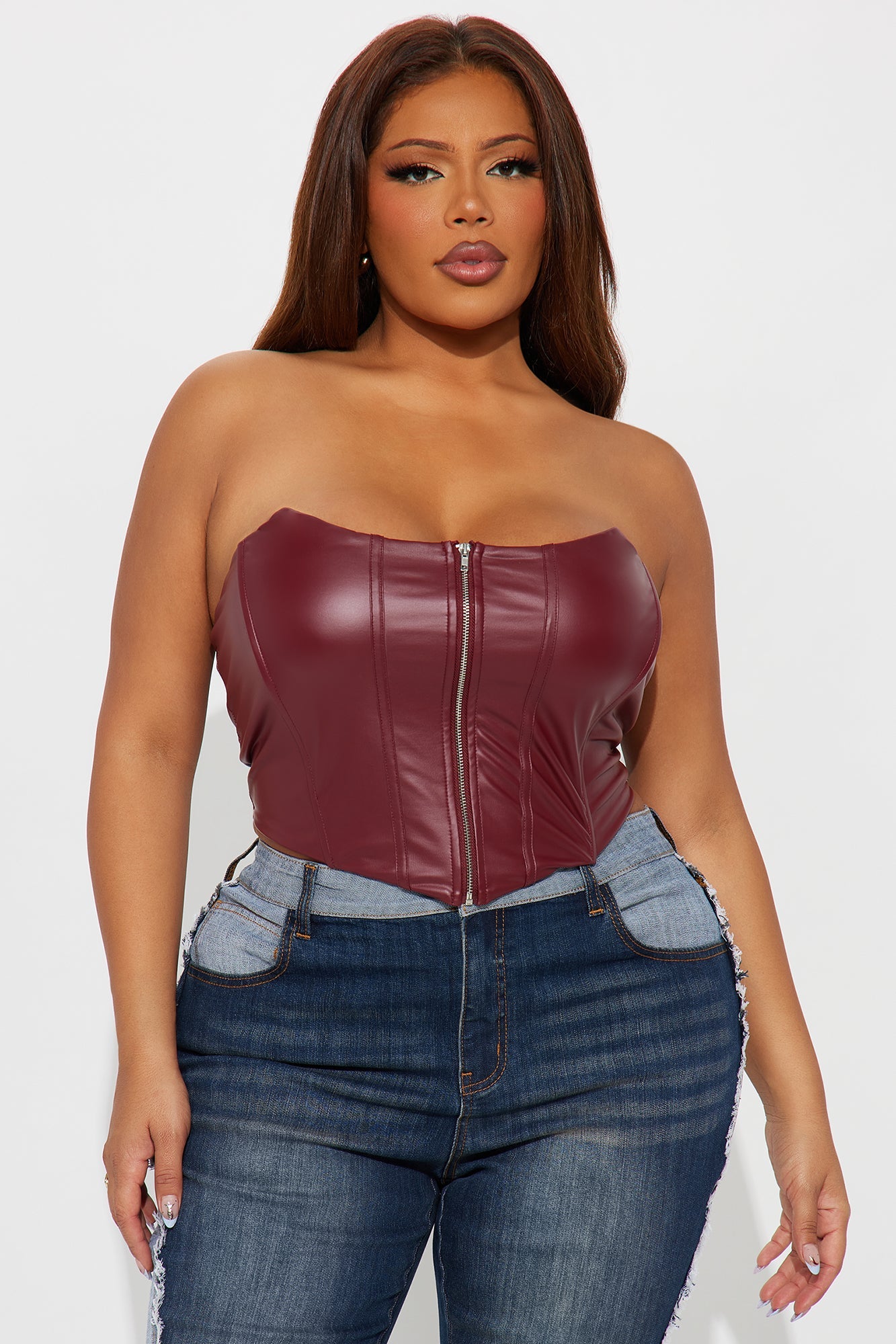 Alina PU Corset Top - Burgundy