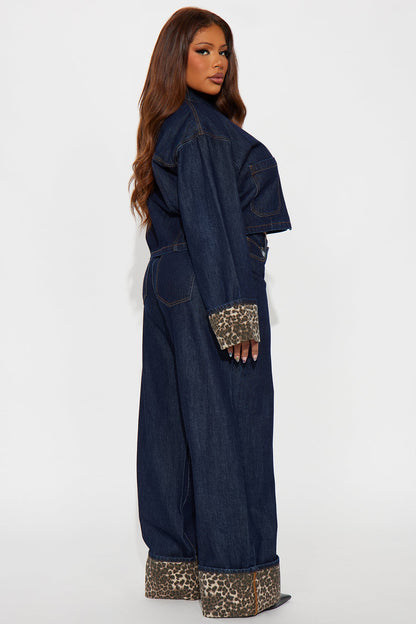 Wild Edges Leopard Denim Pant Set - Dark Wash