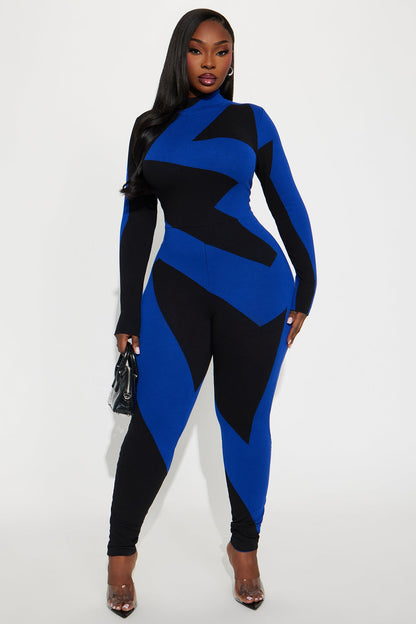 Abstract Long Sleeve Sweater Jumpsuit - Royal/combo