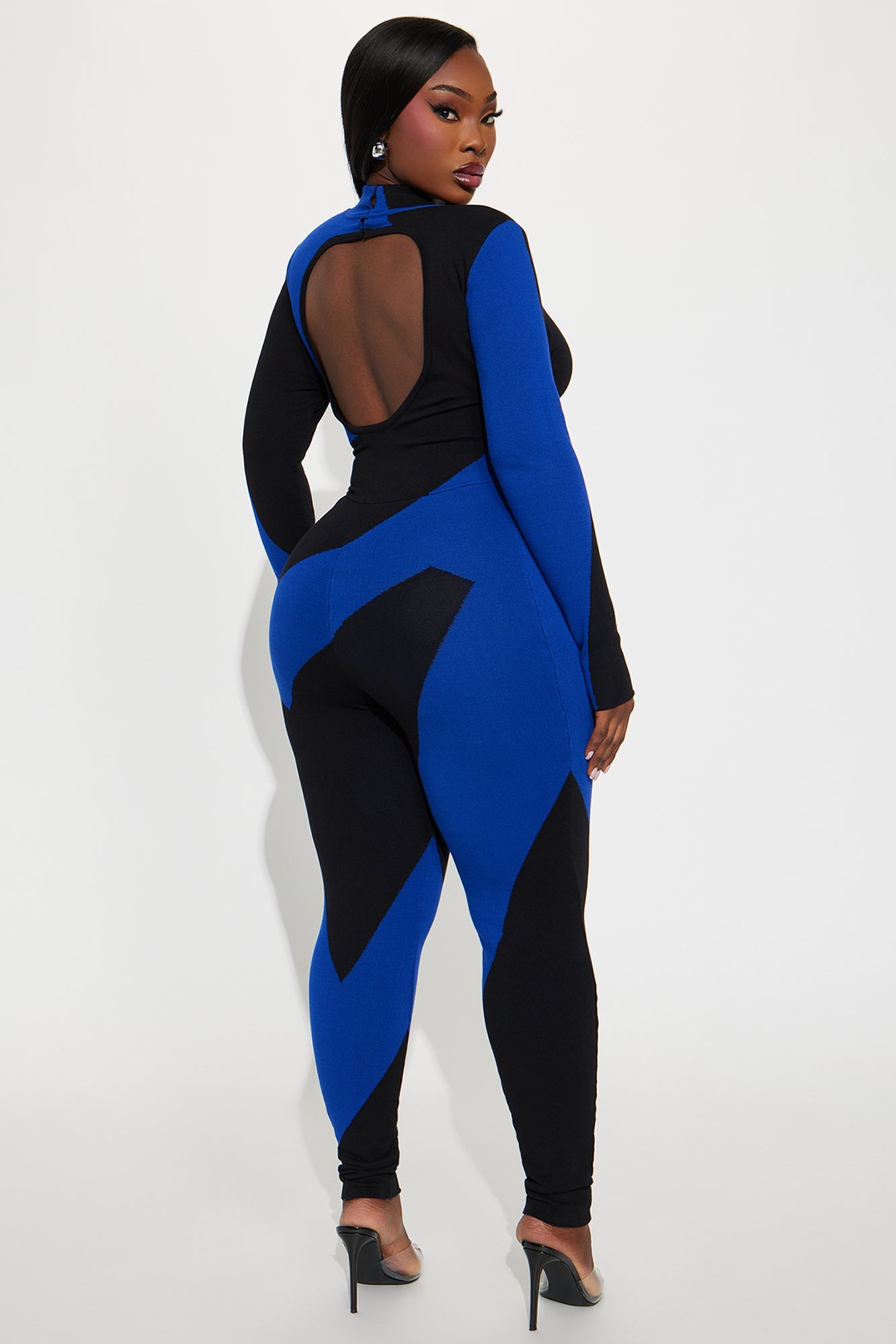 Abstract Long Sleeve Sweater Jumpsuit - Royal/combo