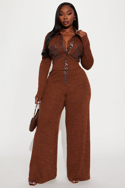 Elonna Faux Leather Trim Pant Set - Brown