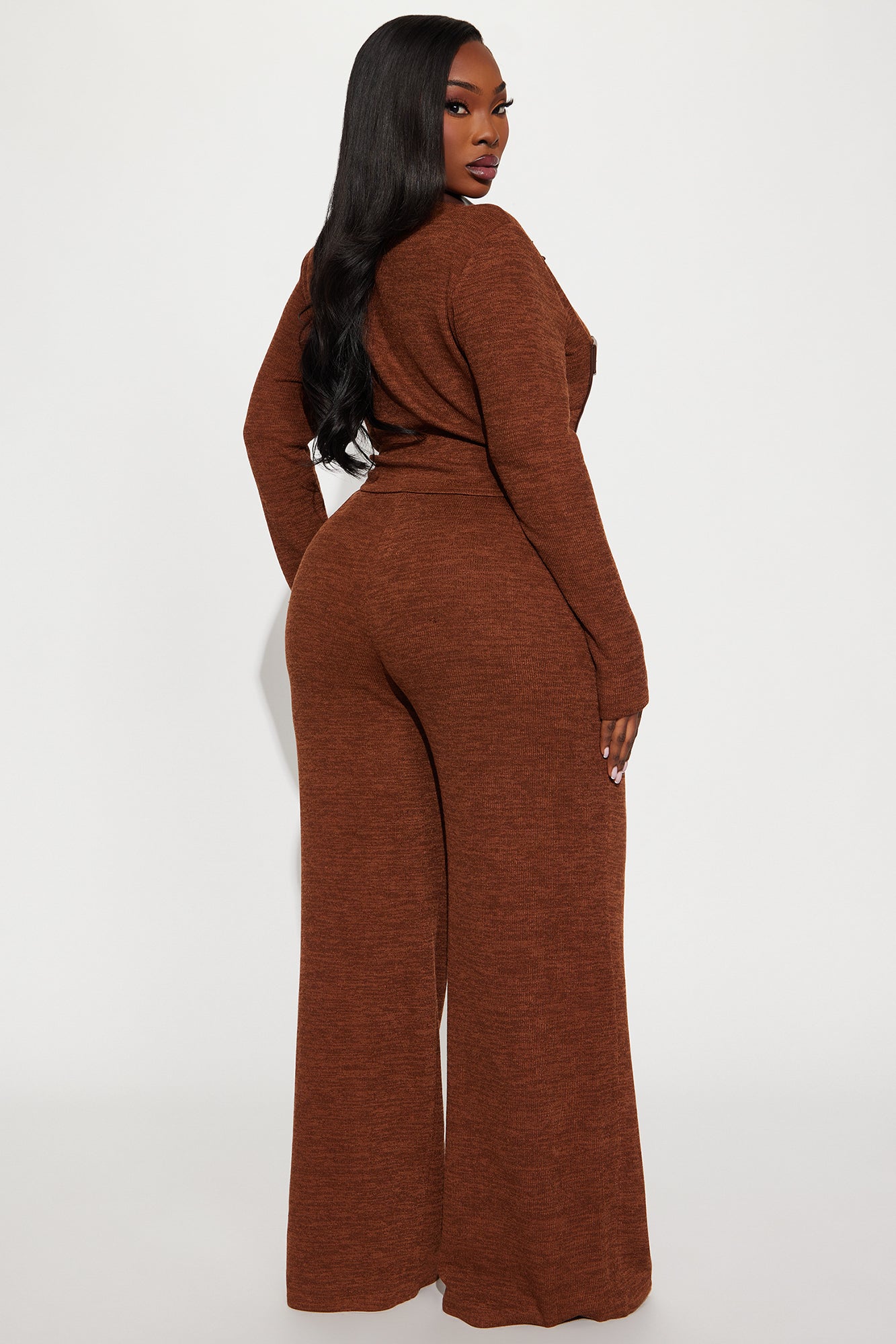 Elonna Faux Leather Trim Pant Set - Brown