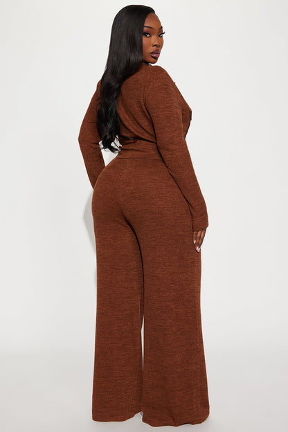 Elonna Faux Leather Trim Pant Set - Brown