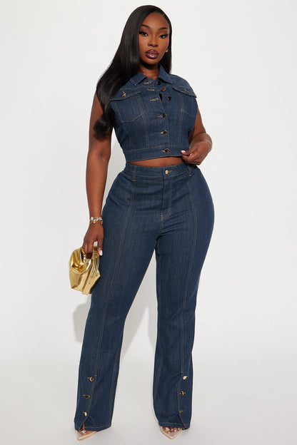 Button Up Stretch Tailored Bootcut Jeans - Dark Wash