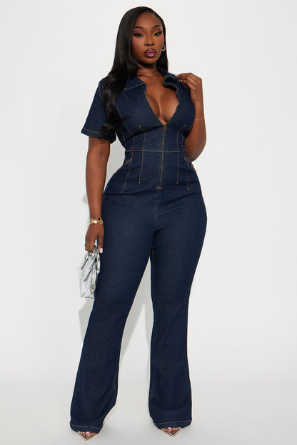 Stephanie Denim Flare Leg Jumpsuit - Dark Denim