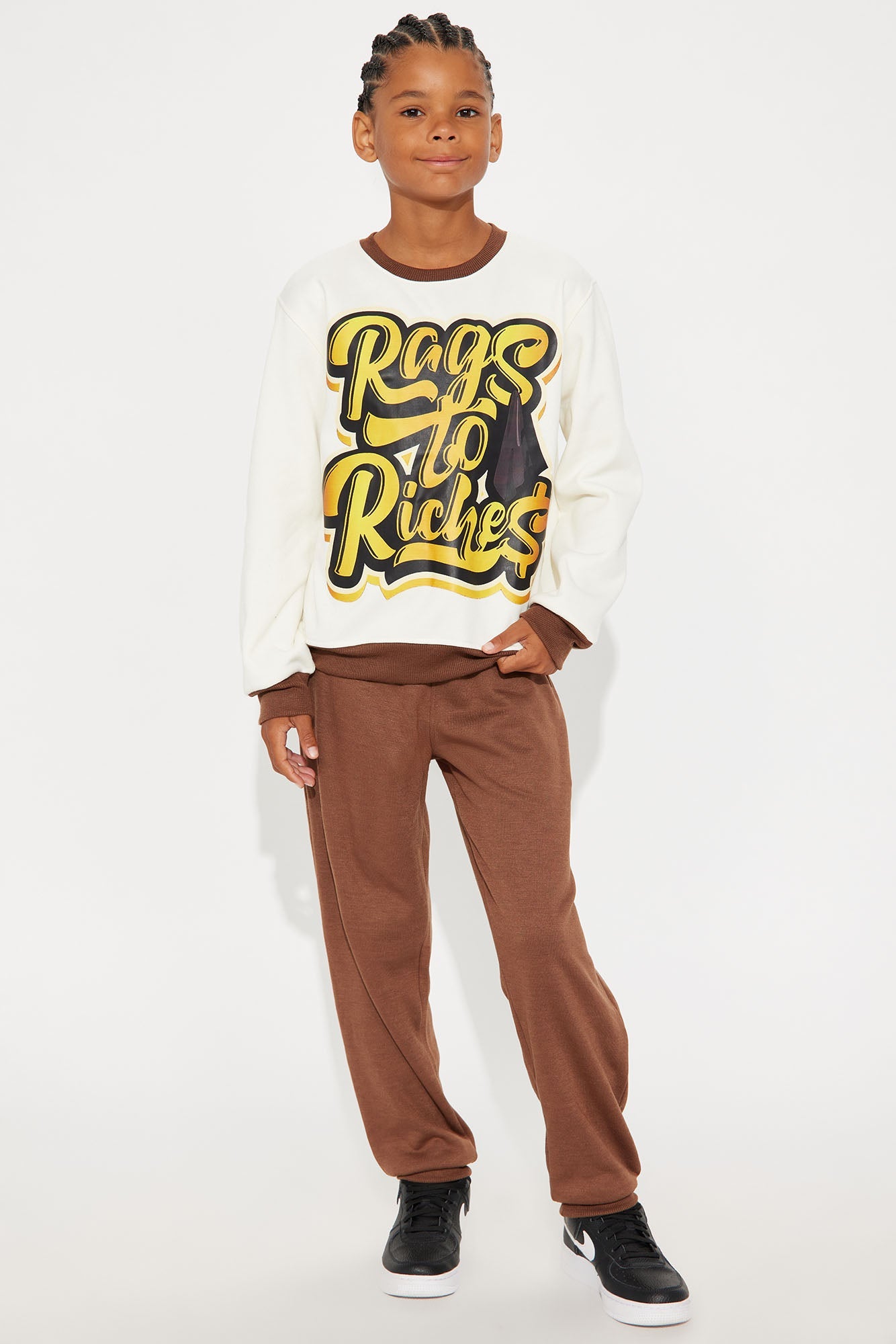 Mini Rags To Riches Crew Neck Sweatshirt And Jogger Pant Set - Brown/combo