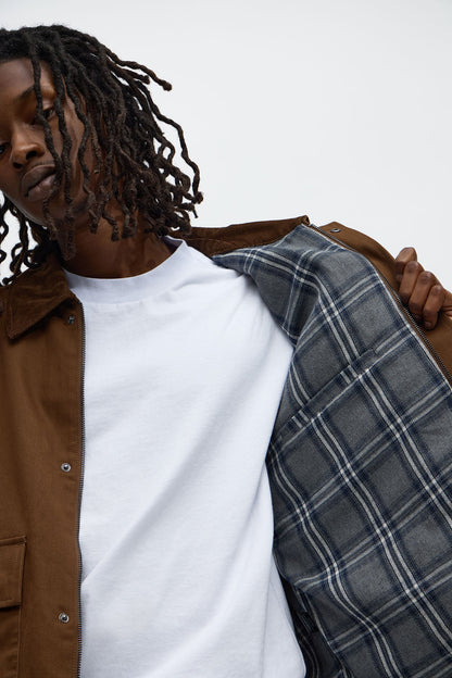 Cropped Utility Corduroy Collar Work Jacket - Brown