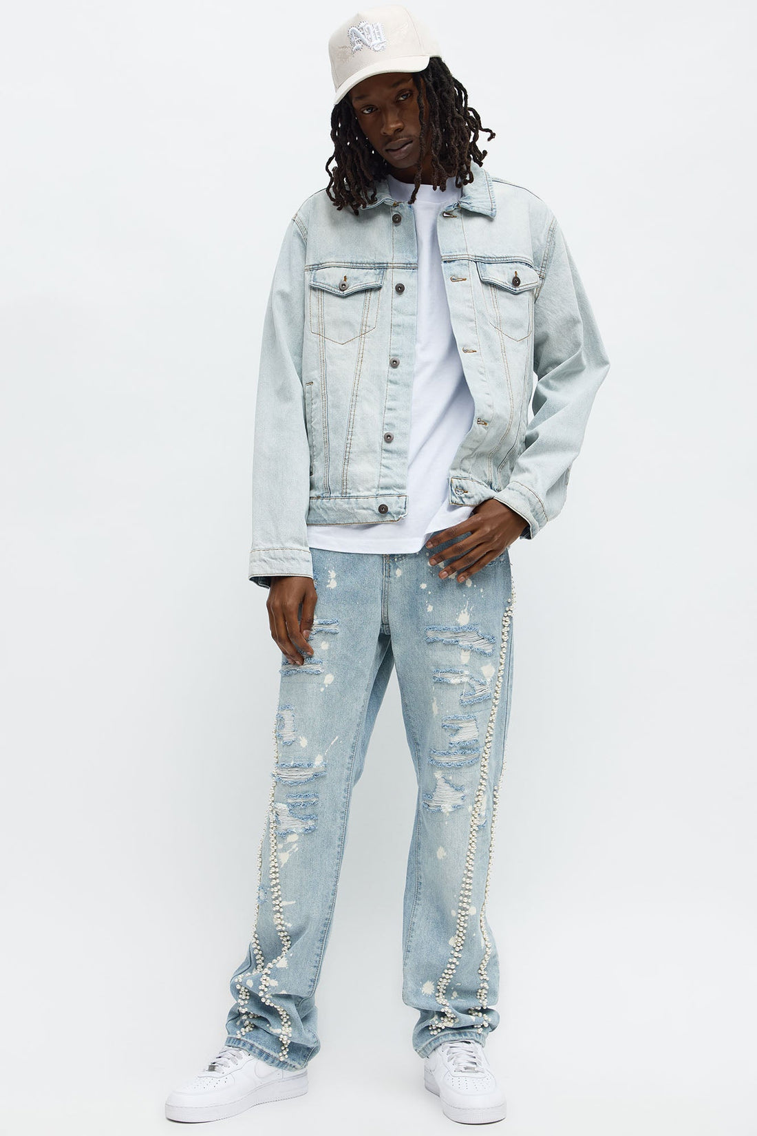 Straight Pearls And Destroyed Bleached Jean - Light Wash
