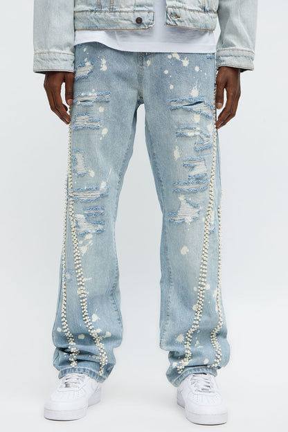 Straight Pearls And Destroyed Bleached Jean - Light Wash