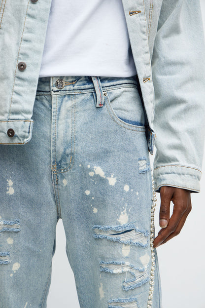 Straight Pearls And Destroyed Bleached Jean - Light Wash