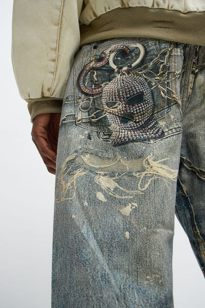 Baggy Got Them Chains On Me Printed Jean - Medium Wash