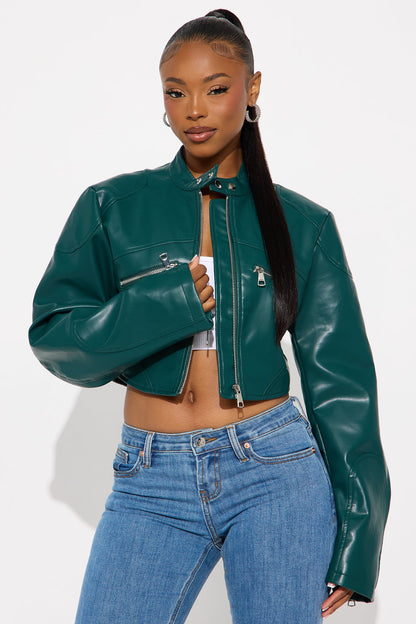Mina Cropped Faux Leather Moto Jacket - Teal