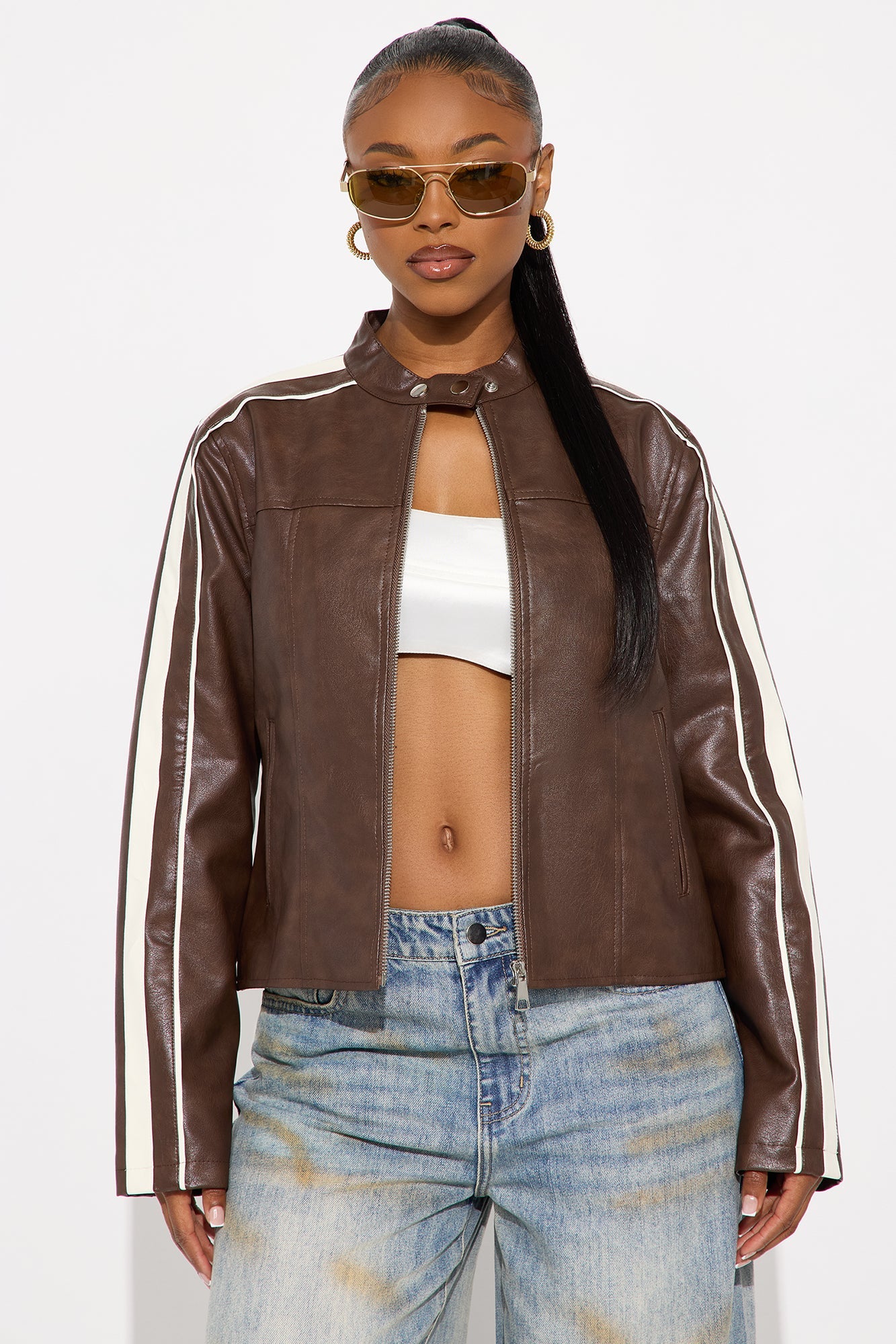 Play It Cool Faux Leather Moto Jacket - Brown/combo