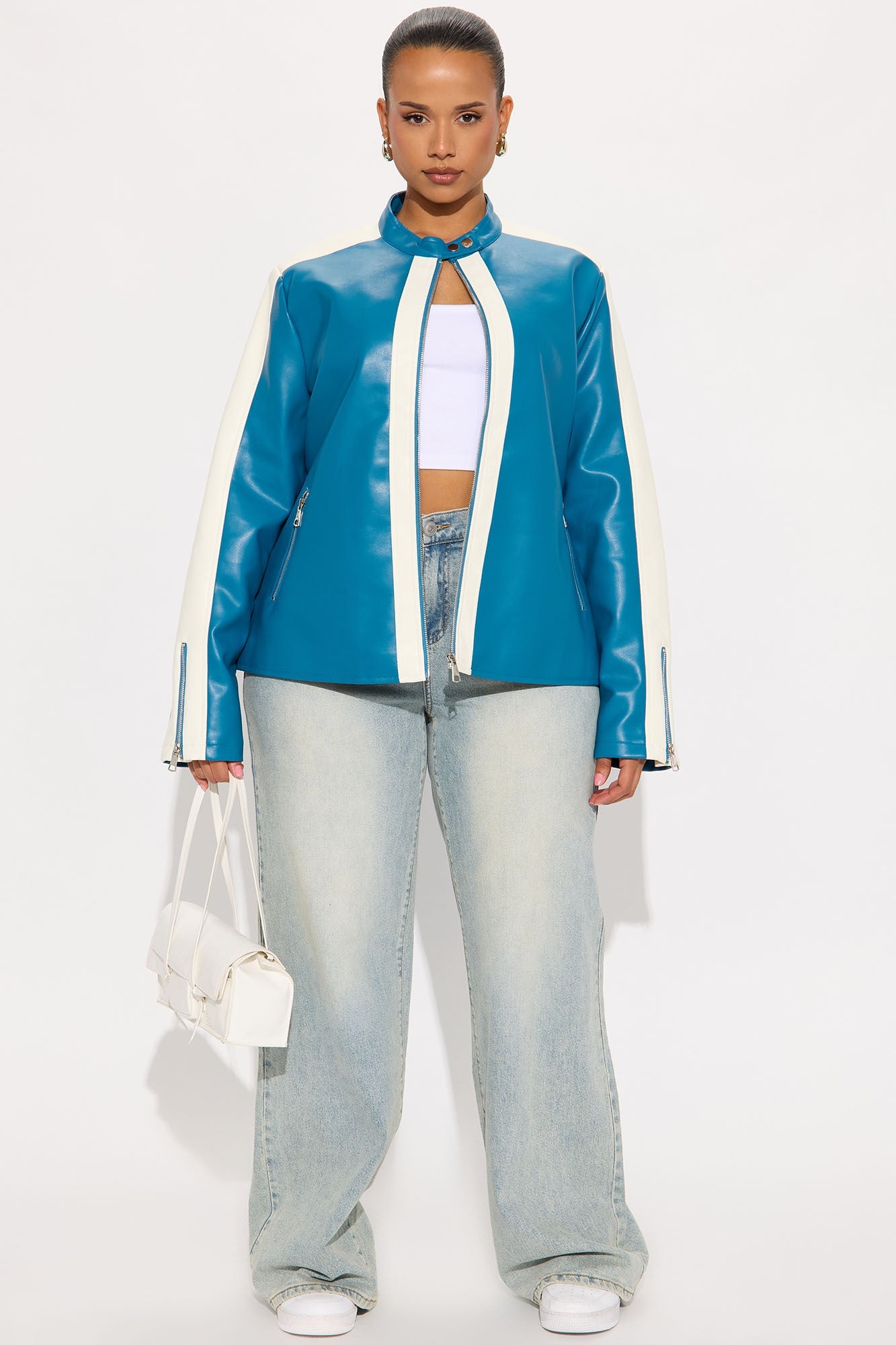 Destiny Faux Leather Moto Jacket - Teal/combo