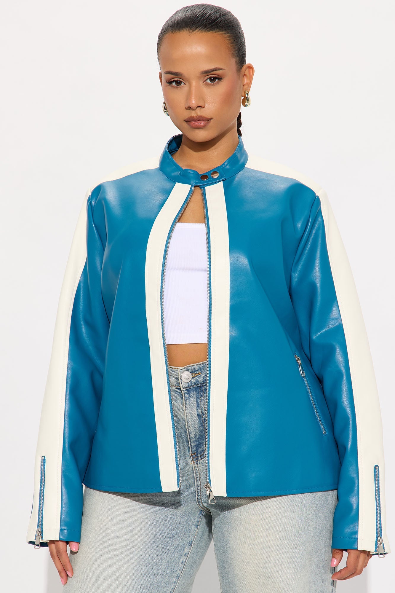 Destiny Faux Leather Moto Jacket - Teal/combo