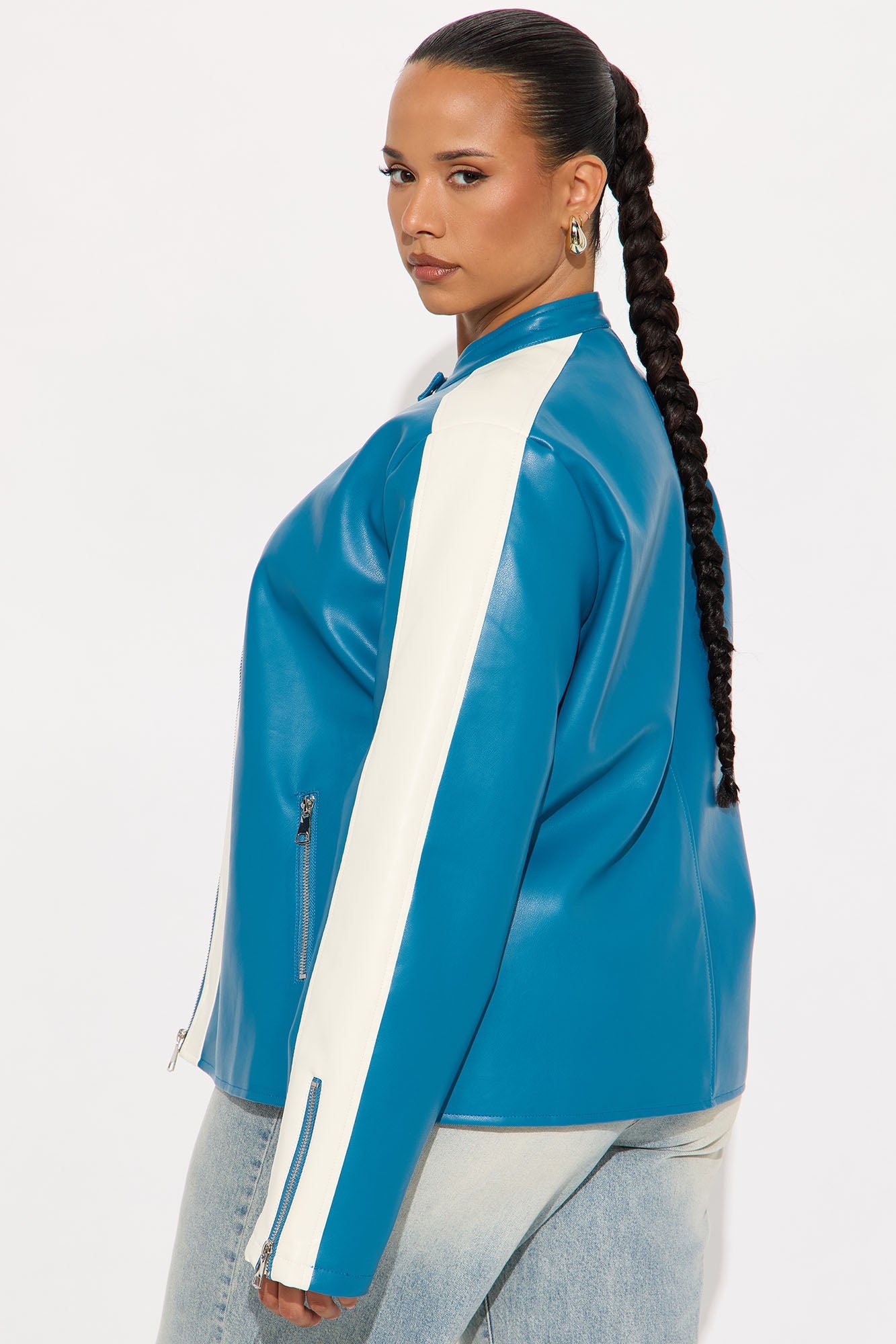 Destiny Faux Leather Moto Jacket - Teal/combo