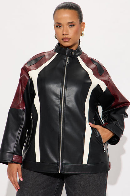 Joanna Oversized Faux Leather Moto Jacket - Black/combo