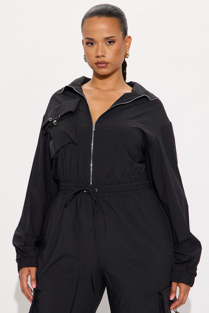 Betsy Windbreaker Wide Leg Jumpsuit - Black