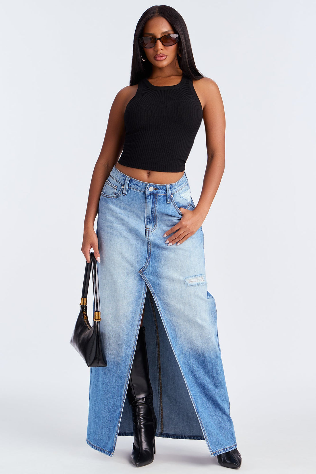 Josie Destructed Washed Denim Maxi Skirt - Medium Wash